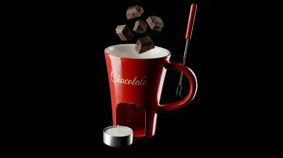 Rote Fondue-Tasse mit Teelicht, Schokolade wird eingefüllt